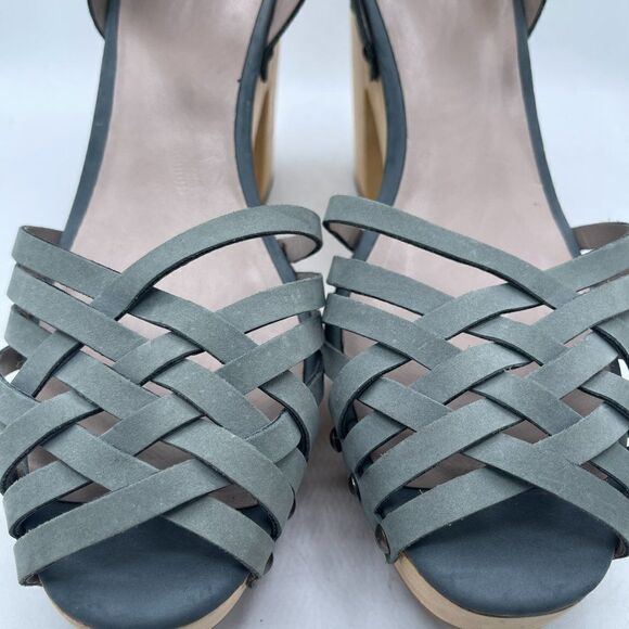 Hinge Parker Strappy leather wooden heel Dusty Blue Sandal 9 - Picture 3 of 11